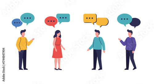 Four people communicating with each other using colorful speech bubbles