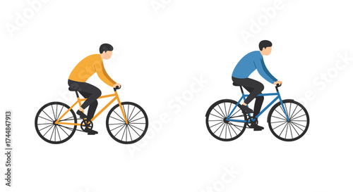 Two cyclists riding bicycles one in orange one in blue