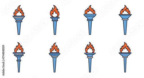 Eight blue and orange cartoon torches displayed in a grid pattern