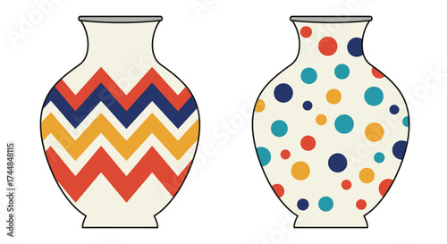 Two decorative vases with vibrant patterns and unique color schemes shown