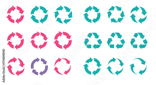 Arrangement of colorful circular arrows in repeating patterns on a white background
