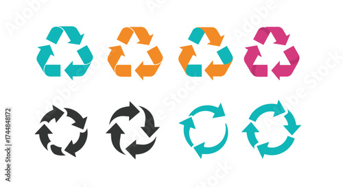 Colorful recycling symbol variations and their black and teal counterparts