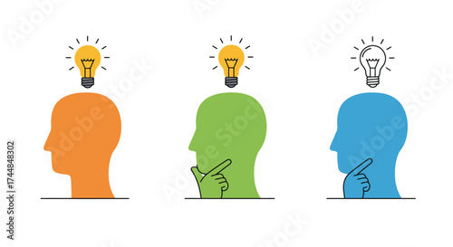 Human heads with glowing light bulbs representing ideas and thought processes