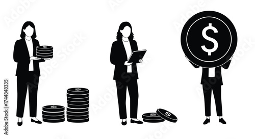 Businesswoman progression with stacks of coins and increasing financial growth