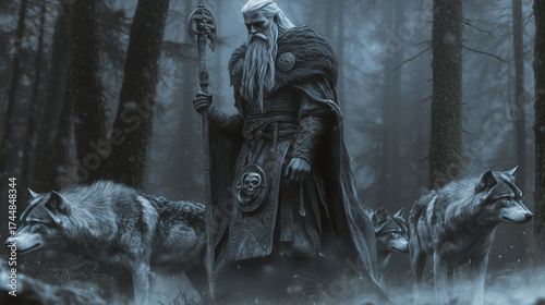 God Odin with wolves in a dark mystical forest