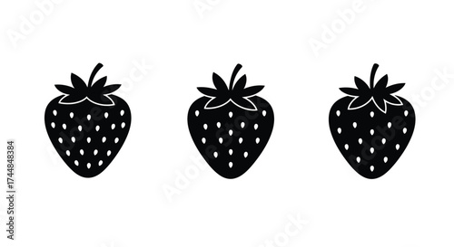 Three black silhouette strawberries arranged in a simple minimalist style