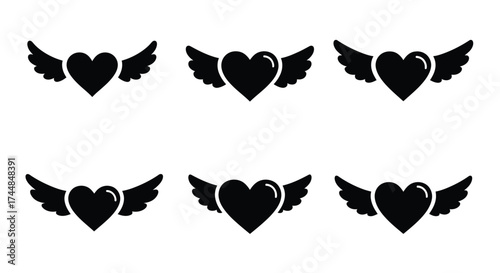 A collection of stylized black winged hearts arranged in a grid pattern