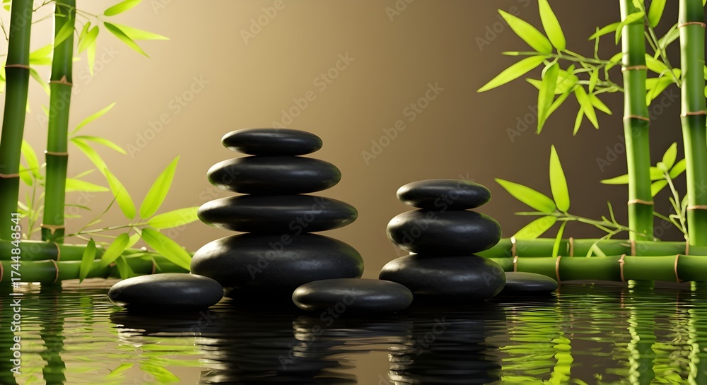 Obraz premium Serene composition of black stones and green bamboo illuminated by warm golden light, symbolizing balance and calm. AI generated image.