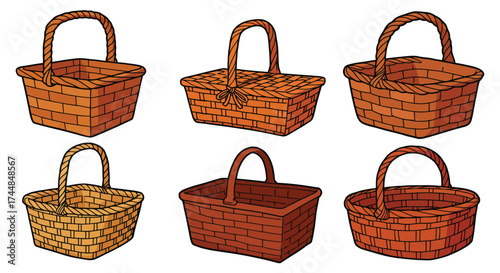 A colorful collection of six hand woven wicker baskets in various shapes