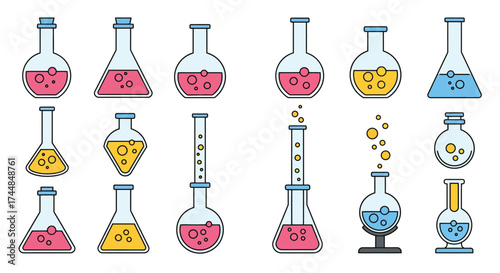 Colorful collection of laboratory flasks and beakers with various liquids inside