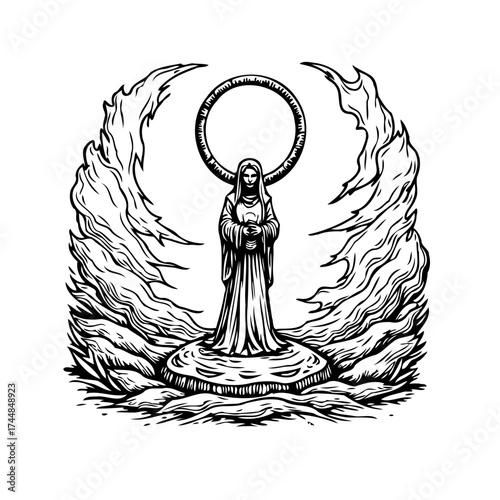 Mystical maiden statue radiating ethereal energy a celestial guardian of timeless wisdom and