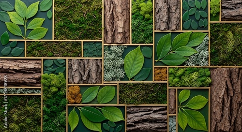 Natural Green Pattern with Leaf and Bark Elements