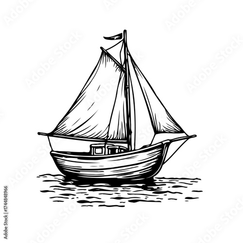 Nautical Vessel Illustration: A graceful sailboat gliding serenely on calm waters depicted with