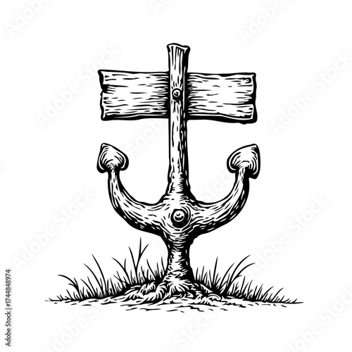 Nautical anchor signpost illustration on grass a drawing with black and white ink for coastal themes