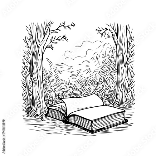 Open book amidst a stylized forest landscape artwork showcasing imagination literature and