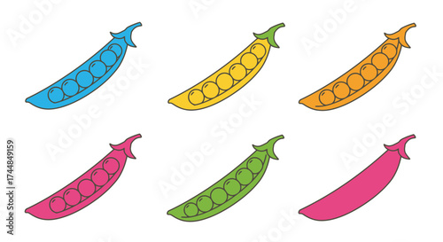 Colorful illustration of six peas in different hues and arrangements