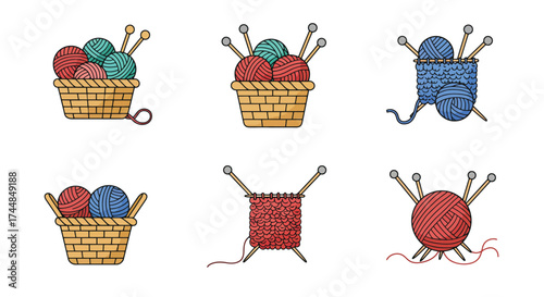 Colorful yarn balls and knitting needles displayed in woven baskets