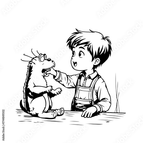 Playful interaction illustrated a cartoon of a boy touching an imaginary creatures face in black
