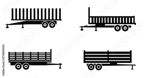 Black and white illustrations of various farm trailers and carts