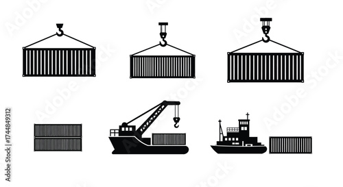 Shipping containers crane and tugboat illustrated in a simple black and white style