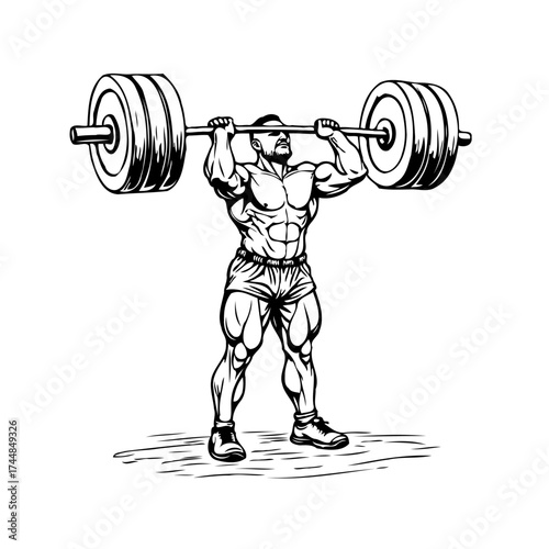 Powerful athlete performs overhead press with barbell demonstrating strength and determination