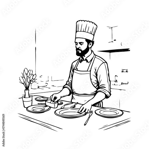 Professional chef meticulously plating dishes in a bright kitchen detailed sketch art illustration