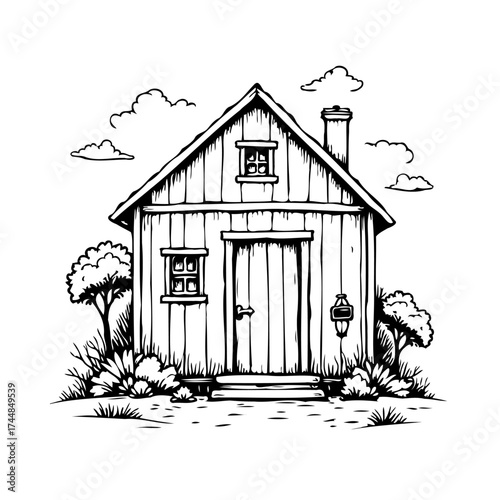 Rustic cabin sketch amidst serene nature evoking peaceful countryside living and a sense of
