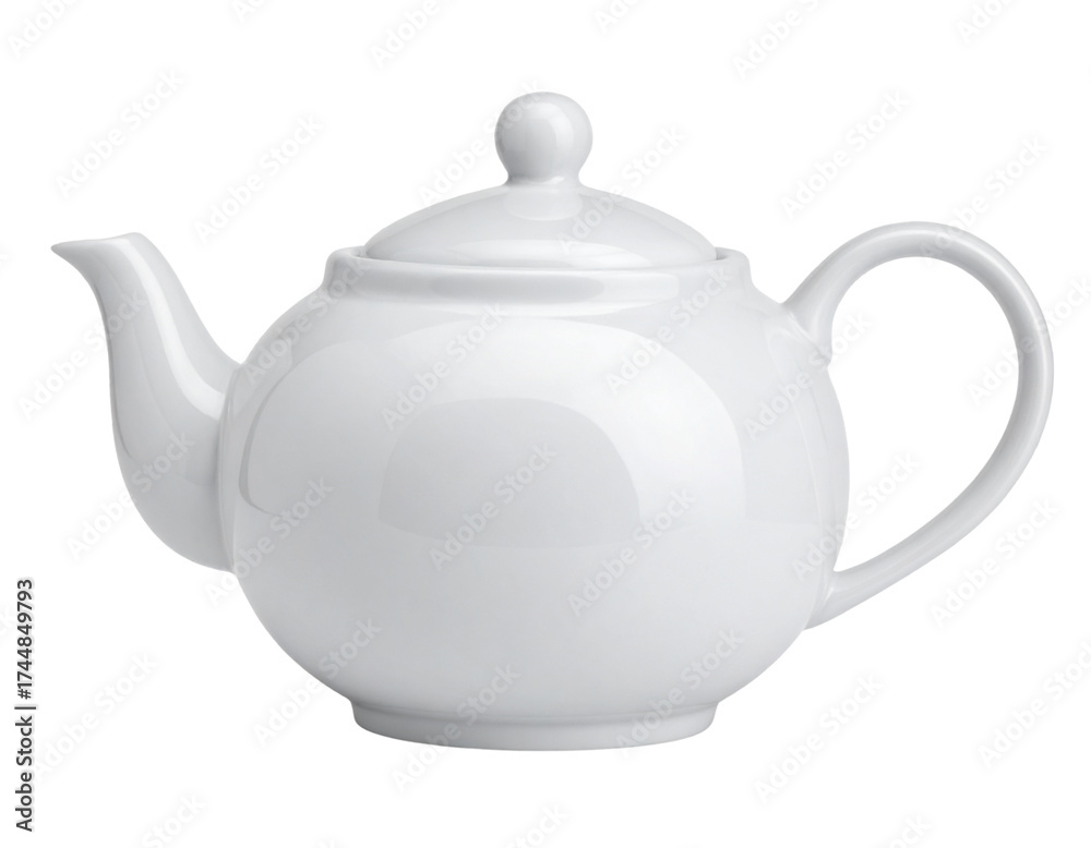 Obraz premium Classic White Ceramic Teapot with Handle and Spout, Front View, isolated on transparent background PNG