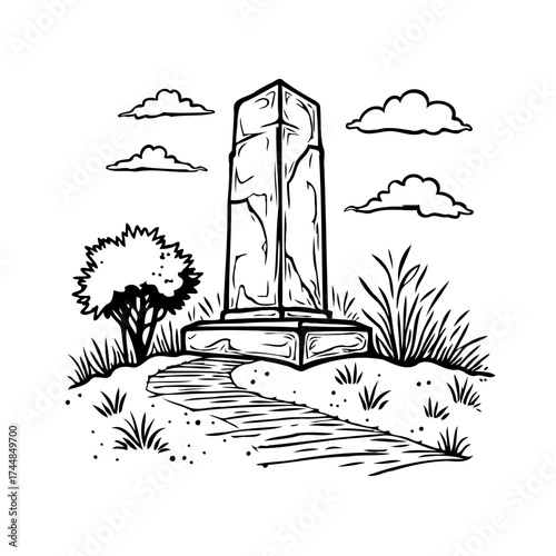 Serene illustration of an aged obelisk with a stone pathway amid natural elements and cloudscape