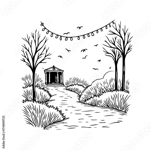 Serene landscape scene: A picturesque path leading towards an idyllic structure under a festive