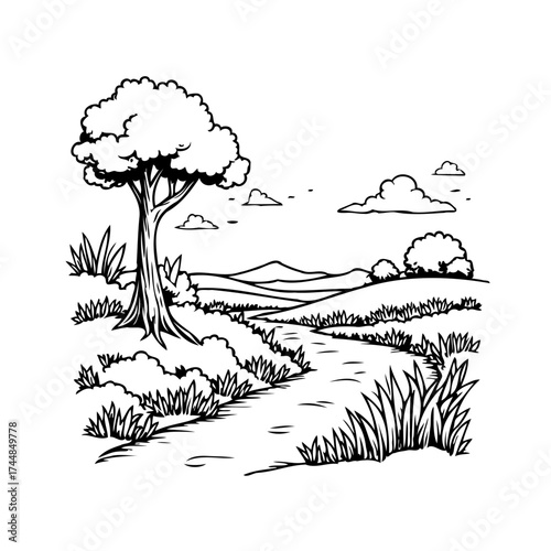 Serene naturalistic illustration featuring a lone tree landscapes pathway distant hills and