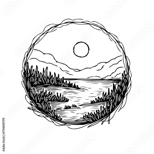 Serene nature illustration of a lakeside landscape, sun, mountains with intricate sketch style