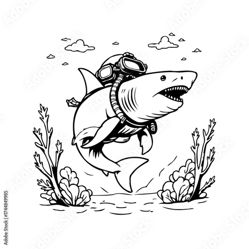 Shark in scuba gear navigates through underwater depths with coral clouds and tranquil skies drawn