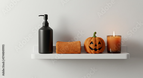 White shelf with festive towel and pumpkin decor with copyspace, halloween bathroom setup with candle and bottle, seasonal flatlay on white wall
