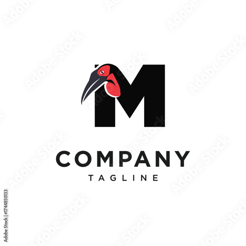 Letter M Southern Ground Hornbill Logo Icon Vector