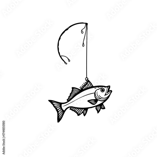 Simple fishing illustration showcasing a caught fish suspended from a fishing line and pole isolated