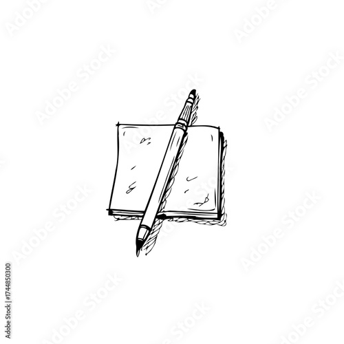 Simple sketch of a pen resting on stack of papers embodying creative writing and contemplation space