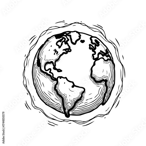 Sketch of the earth with black lines and white continents depicts global warming and environmental