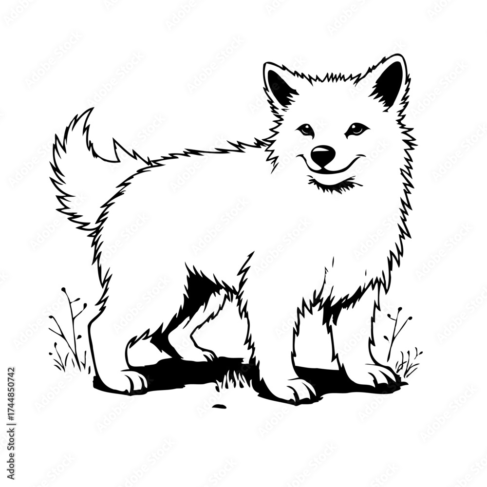 Obraz premium Smiling adorable fluffy dog stands gracefully in grass a heartwarming illustration design bringing