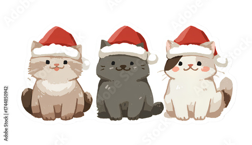  three cute cats wearing santa claus hats, in a clip art sticker style with a Transparent background PNG
