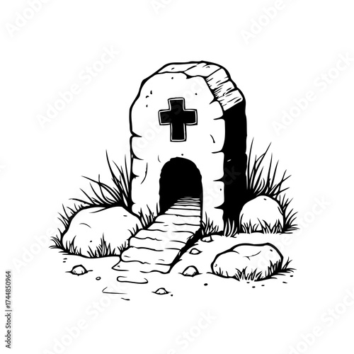 Stone structure adorned with a cross, nestled amidst rocks and vegetation, presents an interesting