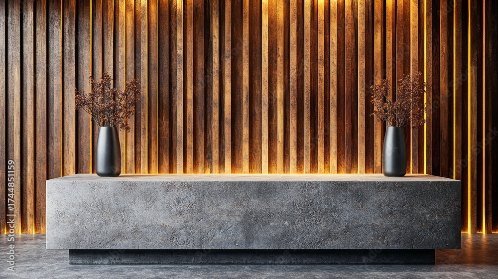 Obraz premium Concrete Tabletop on Wooden Wall Panels – Empty Countertop with Vertical Slats, Modern Studio Podium Mockup for Product Presentation