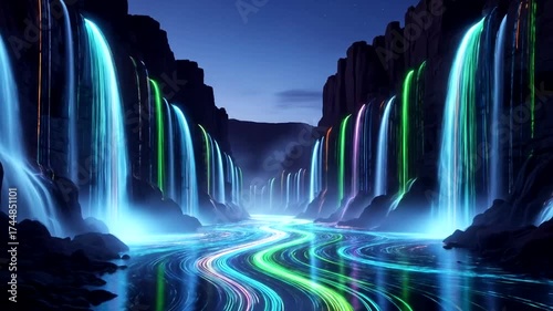 Neon Waterfalls Flowing Through Rocky Canyon at Night with Vibrant Light Trails 50 characters