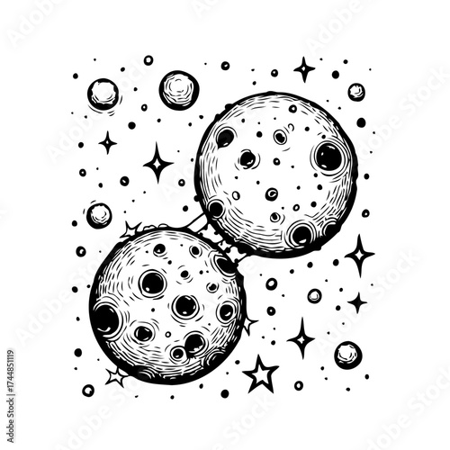 Stylized celestial bodies exploration in monochrome cosmic vector depiction with starry accents