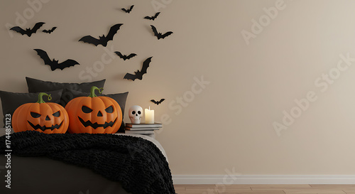 Halloween bedroom with pumpkin pillows, cozy interior with copyspace, spooky decor and candlelight
