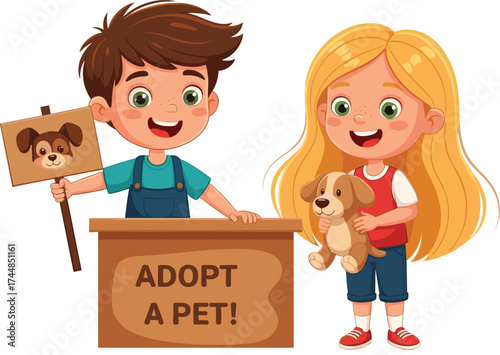 Children promoting pet adoption at booth, cartoon illustration, dog awareness campaign, cute kids, animal rescue, charity event, friendly vector art