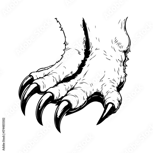 Stylized illustration of a clawed monster's foot in striking black and white bold hand drawn lines