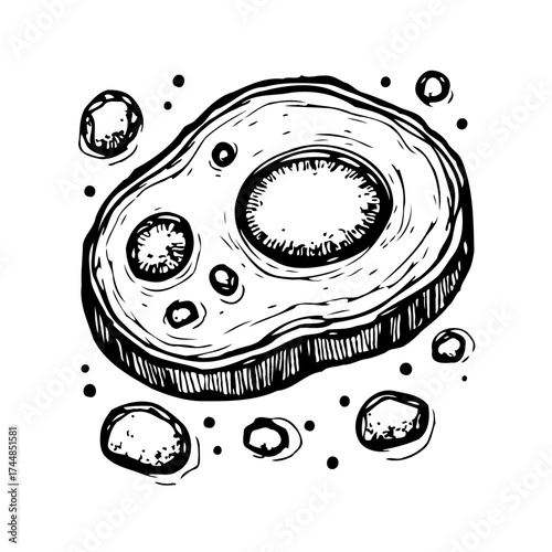 Stylized representation of an organic form reminiscent of cellular structures and celestial bodies