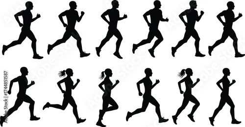 Running motion silhouette vector illustration, male and female stride cycle, athletic movement breakdown, fitness exercise, animation reference, isolated on white background