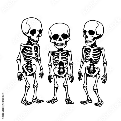 Three skeletal figures stand in monochrome outline against a stark white void creating a whimsical